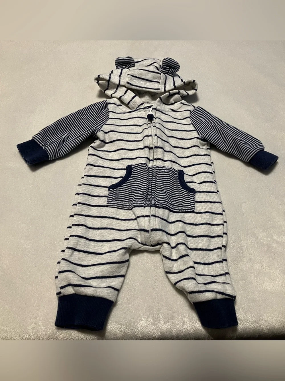 Navy and White Striped Hooded One-Piece Romper